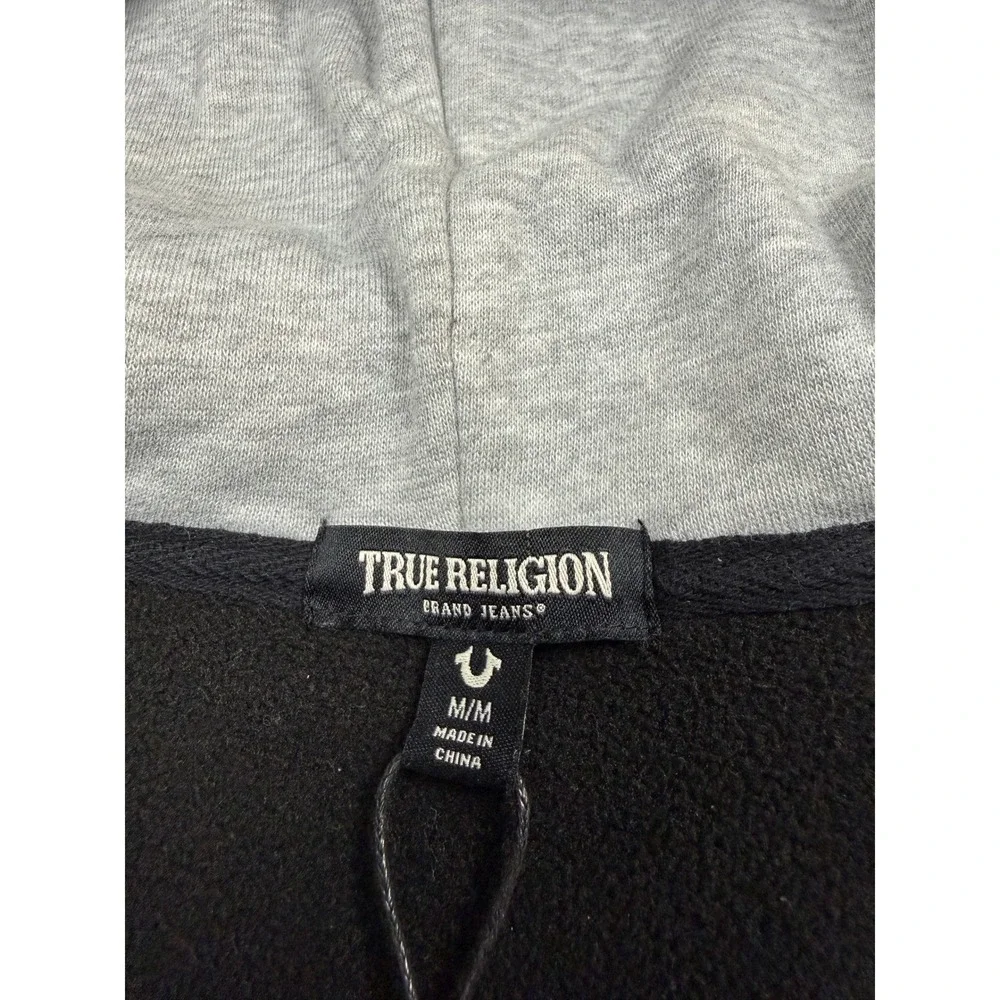 NWT True Religion Men M Varsity Fleece Hood Jacket‎ Black Gray Horseshoe Snap